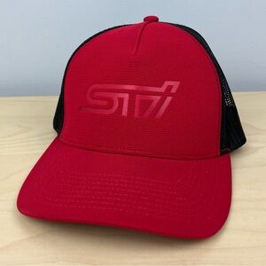 Subaru STI Mesh Back Snapback Trucker Hat Red & Black Logo Adjustable Cap